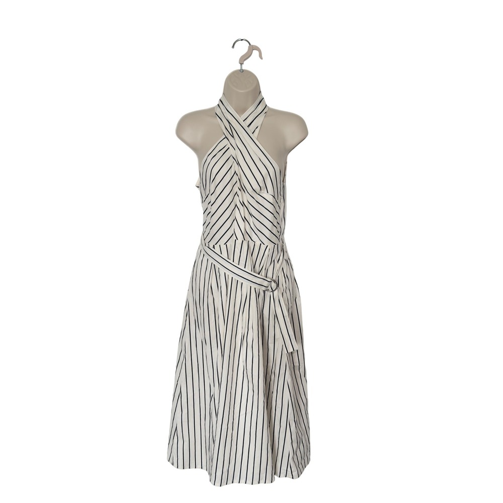 Scoop Belted Striped Small Belted Halter Long Midi Dress Coastal Chic Nautical - Picture 1 of 8